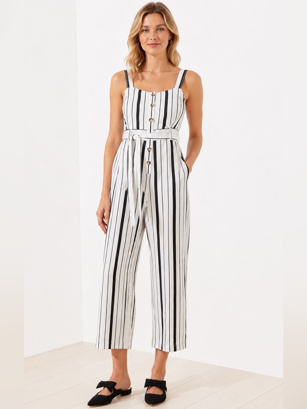LOFT Linen Blend Button Front Striped Sleeveless Jumpsuit 4 White Black